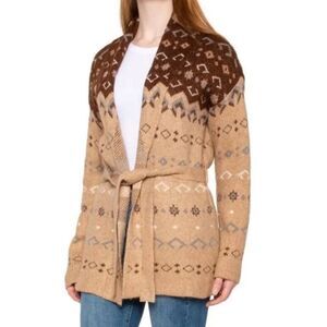 Lucky Brand Tan Fair Isle Boho Aztec Open Belted Cardigan Sweater Size Medium
